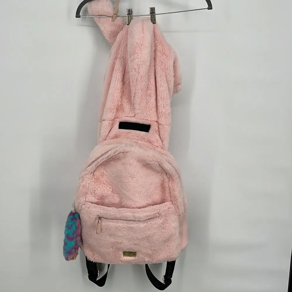Betsey Johnson Hooded Rabbit School Travel Backpack Pink EUC Adorable Fury Bunny